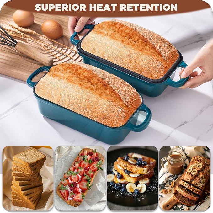 Cast Iron Loaf Pan with Lid, 9x5 Loaf Pans for Homemade Bread | Cast Iron Bread Pan for Sourdough Baking, 9x5 Loaf Pan with 2-In-1 Design, Even Heat Distribution, Teal Enameled