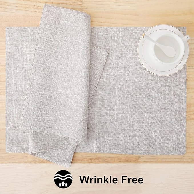 Faux Cotton Linen Placemats Set of 6, Cloth Washable Farmhouse Dining Table Mats for Indoors & Outdoors, Easy to Clean, Neutral Beige, 13 x 19 Inch