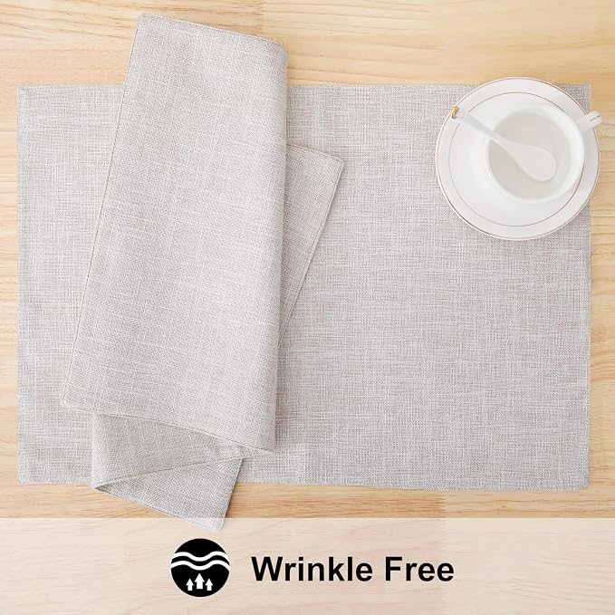 Faux Cotton Linen Placemats Set of 4, Cloth Washable Farmhouse Dining Table Mats for Indoors & Outdoors, Easy to Clean, Neutral Beige, 13 x 19 Inch