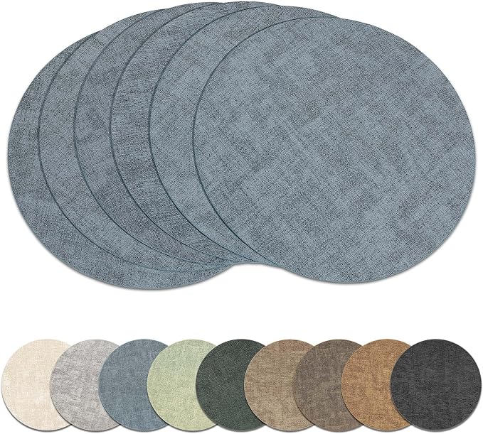 13" Round Placemats Set of 6, Reversible Faux Leather Wipeable Table Mats | 2mm Vinyl Heat Resistant, Waterproof Oilproof Scratch Proof Non-Slip, Washable for Kitchen Dining Indoor Outdoor (Light Blue)