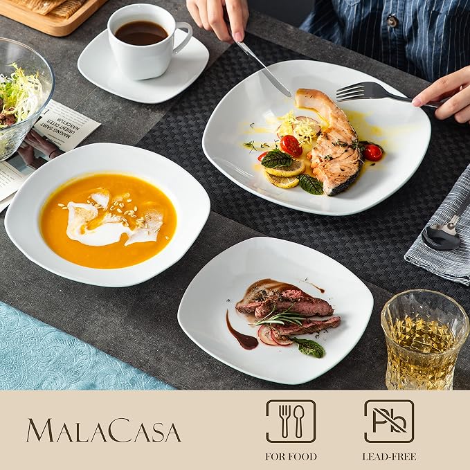 MALACASA 30 Piece Porcelain Dinnerware Set, Grey White Dish Set for 6, Square Ceramic Dishware Sets, Chip and Scratch Resistant Plates and Bowls Sets, Cups and Saucers, Series ELISA