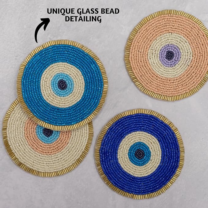Folkulture Cute Coasters Set of 4 for Drink, Boho Table Decor & Party Décor | Evil Eye Beaded Handmade Round Drink Coasters for Coffee Table & Bar, Hand-Crafted Cute Coasters Housewarming Gifts