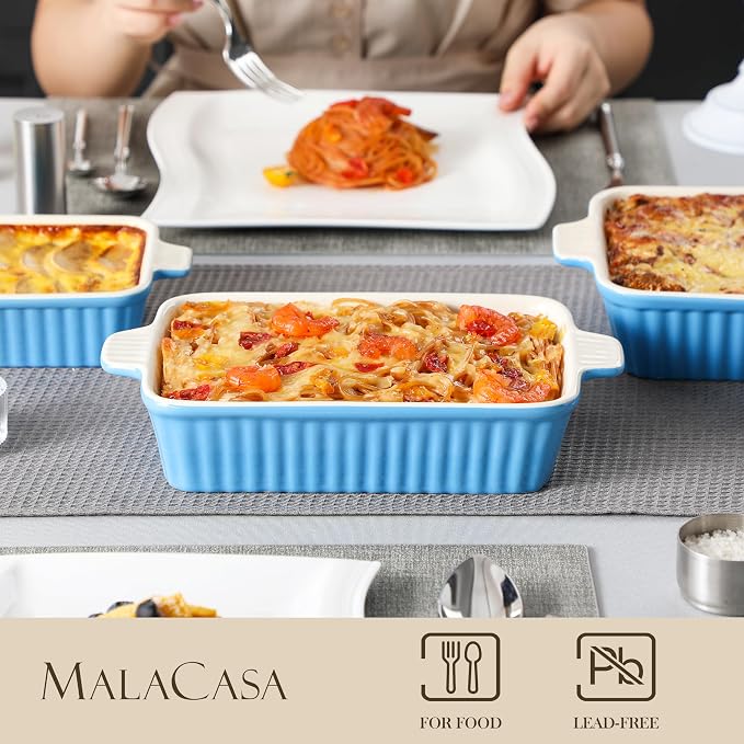 MALACASA Casserole Dishes for Oven, Ceramic Bakeware Set of 4, Blue | Deep Lasagna Pans for Versatile Use, Durable Bakeware for Roasting Vegetable, Gift Set, Dishwasher Safe(9.4/11.1/12.2/14.7")