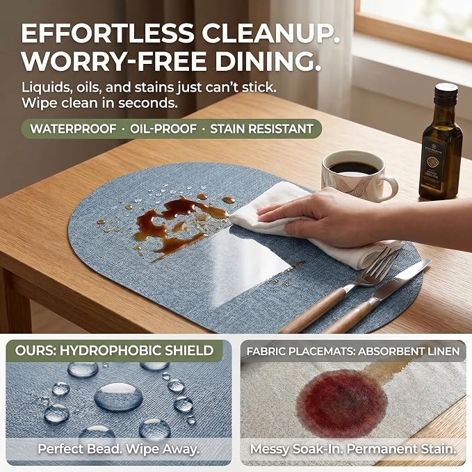 Faux Leather Placemats Set of 6, Wipeable Waterproof Stain Resistant Table Mats, Heat Resistant Thick Placemats with Hand-Painted Edges for Kitchen Dining, Imitative Linen Texture, Various Shapes