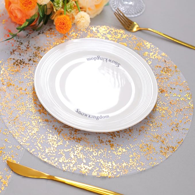 Snowkingdom Gold Placemats Set of 50, Golden Metallic Glitter Sheer Gauze Round 13 Inch Disposable Doilies Charger Place Mats, Dinning Table Mats for Party Wedding Birthday Christmas Holiday