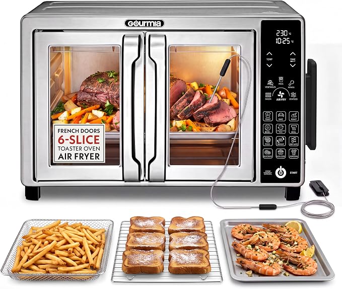 Gourmia French Door Air Fryer Toaster Oven - 6 Slice Capacity, Temperature Probe, 18 Cooking Presets, FryForce, Digital Display, 3 Rack Positions, Dishwasher-Safe Accessories, Stainless Steel