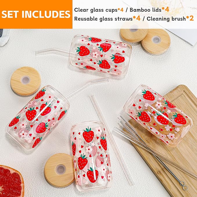Glass Cups with Lids and Straws with Design Strawberry 4 pcs,Clear Glass Cups 16 oz-DWTS Drinking Glasses Set,Glass Tumbler,Cute Design Glass Iced Coffee Cups with Lids and Straws 480ml