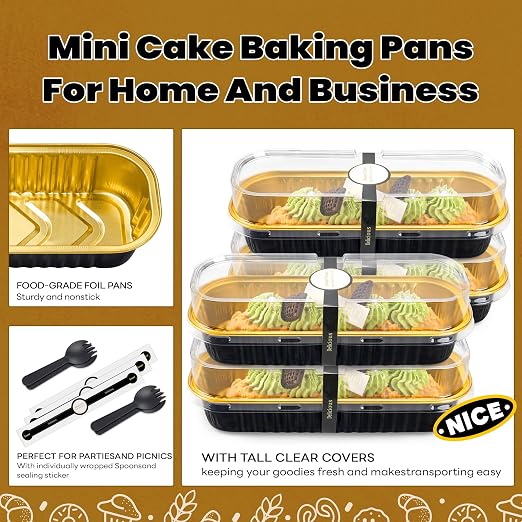 NPLUX Loaf Pans with Lids, 100 Pack Black Gold 6.8oz for Bakery Gifts | Use for tasting samples, dessert bars, fruit cups and brownies; clear top helps buyers see the finished look.