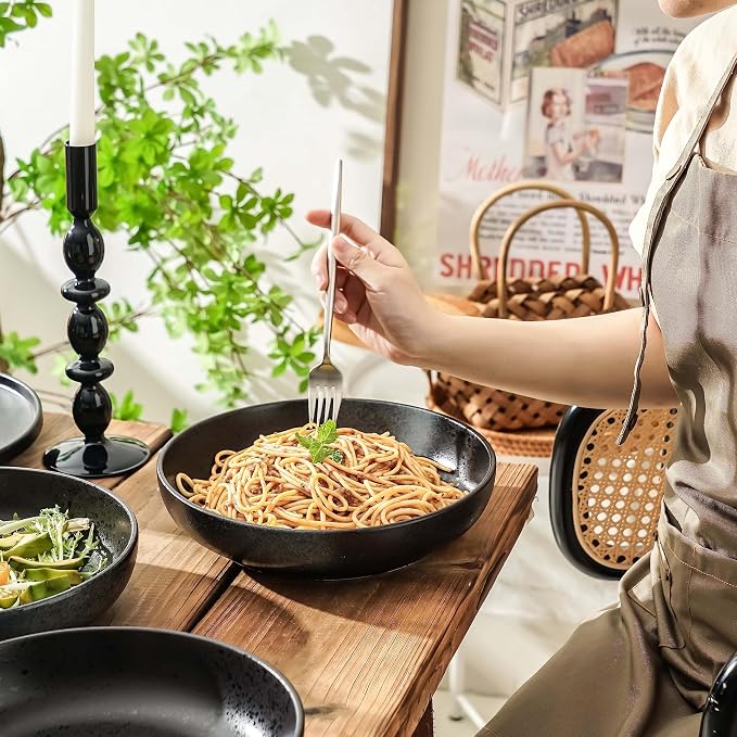 S&Q'S CERAMICS Large Serving Bowls Set of 4, 60 ounce Large Salad Bowls, 10'' Ceramic Wide Shallow Bowl Plates, Pasta Serving Dishes for Fruit, Microwave Safe(Black and Grey) (TSW2021)