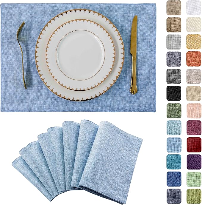 Home Brilliant Blue Placemats Set of 8 Heat Resistant Farmhouse Boho Placemats Burlap Cloth Place Mat Dining Table Place Mats Kitchen Table Mats, Blue