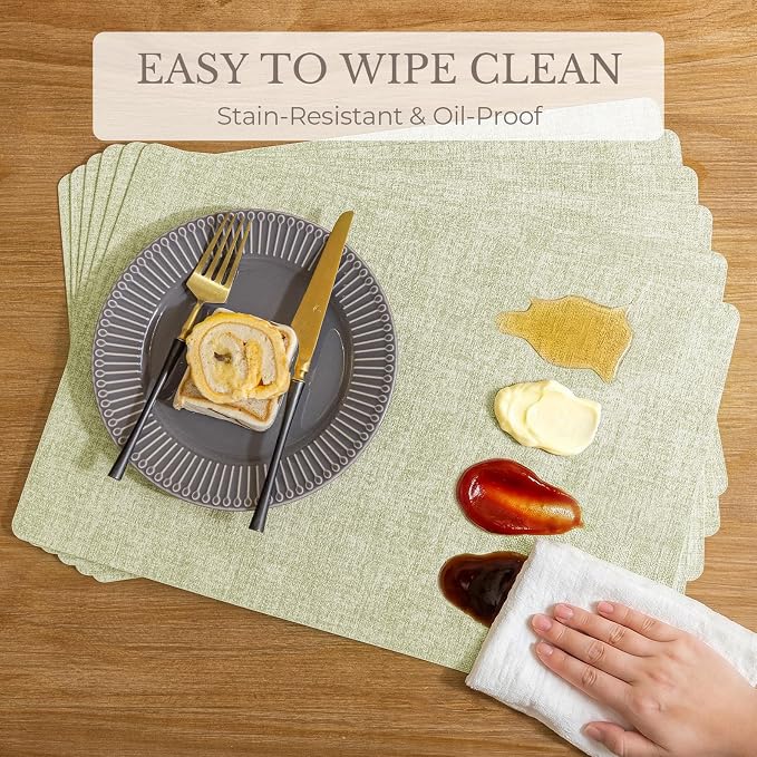 Romanstile Vinyl Placemats Set of 8-12 X 17 Inch - Faux Leather 100% Waterproof Wipeable Anti Slip Place Mats, Heat Resistant Reversible PU Table Mats for Kitchen Dining Party Outdoor, Grass Green