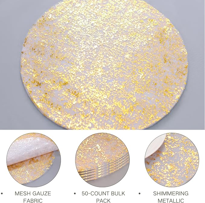 Snowkingdom Gold Placemats Set of 50, Golden Metallic Glitter Sheer Gauze Round 13 Inch Disposable Doilies Charger Place Mats, Dinning Table Mats for Party Wedding Birthday Christmas Holiday
