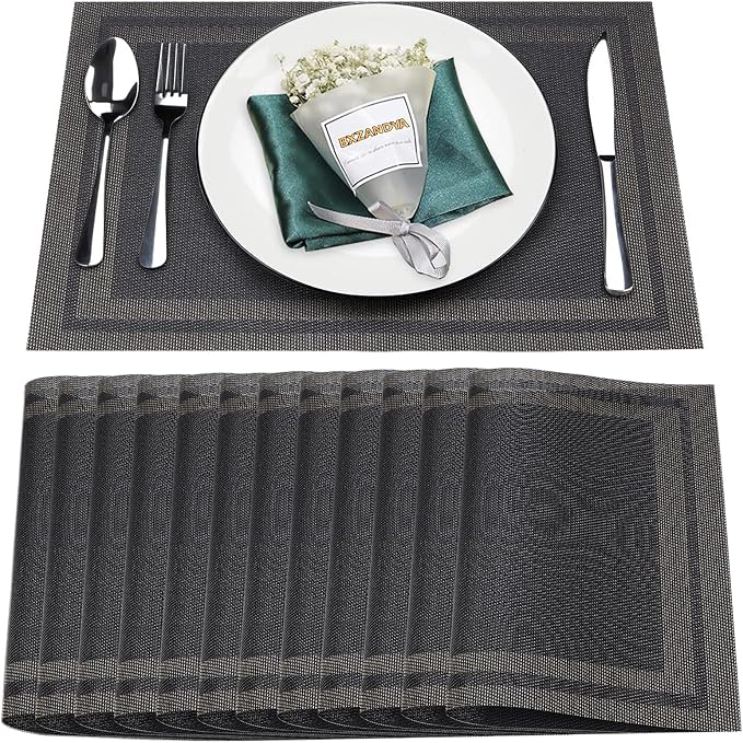 Black Vinyl Placemats Set of 12,Washable Dining PVC Table Mats | Heat resistant, stain resistant non slip vinyl place mats, washable black table placemats for dining table(Black gold)