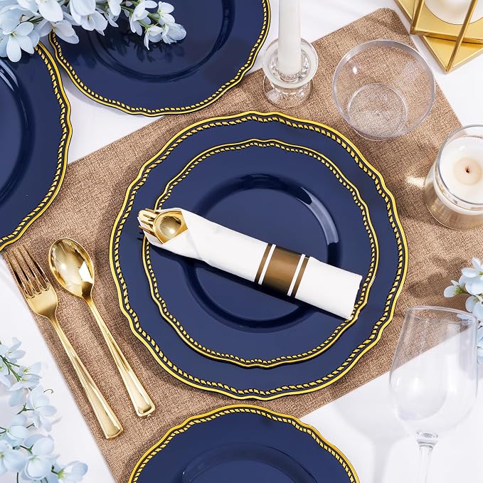 350 Pcs Blue and Gold Plastic Plates for Wedding & Party | Blue Plastic Dinnerware Set Includes 50 Dinner Plates, 50 Dessert Dinnerware, 50 Cups, 50 Rolled Napkin Cutlery