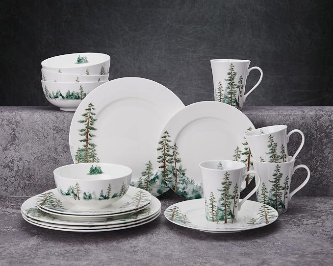 Mikasa Watercolor Forest Bone China Lightweight Chip Resistant 16 Piece Dinnerware Set, Service for 4, White