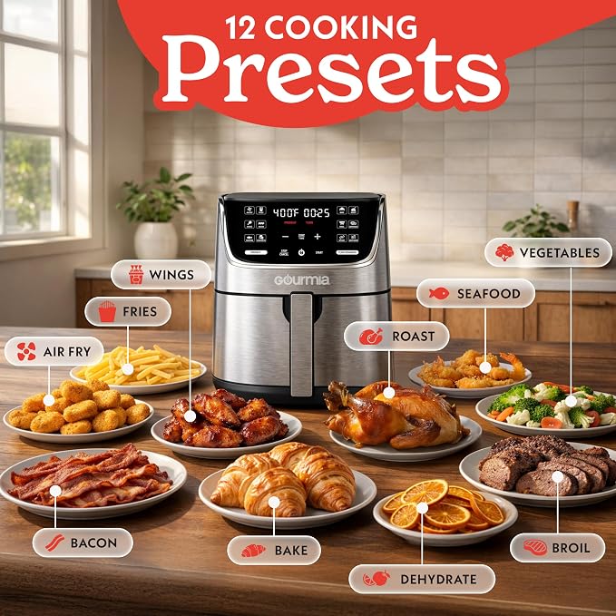 Gourmia Air Fryer - 7 Qt Capacity, LED Display, 12 One-Touch Presets, FryForce 360° Technology, Nonstick Dishwasher-Safe Basket & Crisper Tray, Stainless Steel