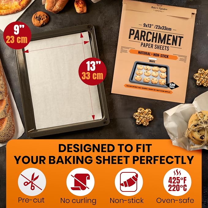 220 Pcs 9x13" Parchment Paper Sheets by Baker's Signature | Baking Unbleached - Perfect for Baking, Precut Non-Stick Eco-Friendly, Will Not Curl or Burn