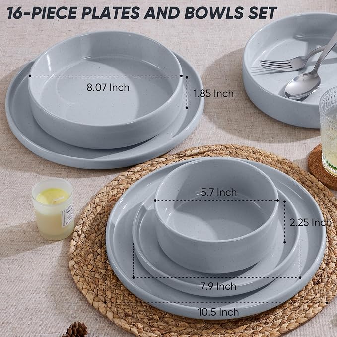 E-far 16-Piece Stoneware Dinnerware Sets with Pasta Bowls, Speckled Gray | Plates and Bowls Sets for 4, Chip and Scratch Resistant, Microwave & Dishwasher Safe Kitchen Modern Dish Set