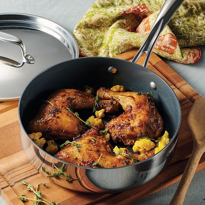 Tramontina Utsava Tri-Ply Clad Stainless Steel 2.9-Quart Saute Pan with Lid | Ceramic Non Stick Interior, Induction-Ready Cooking Pan