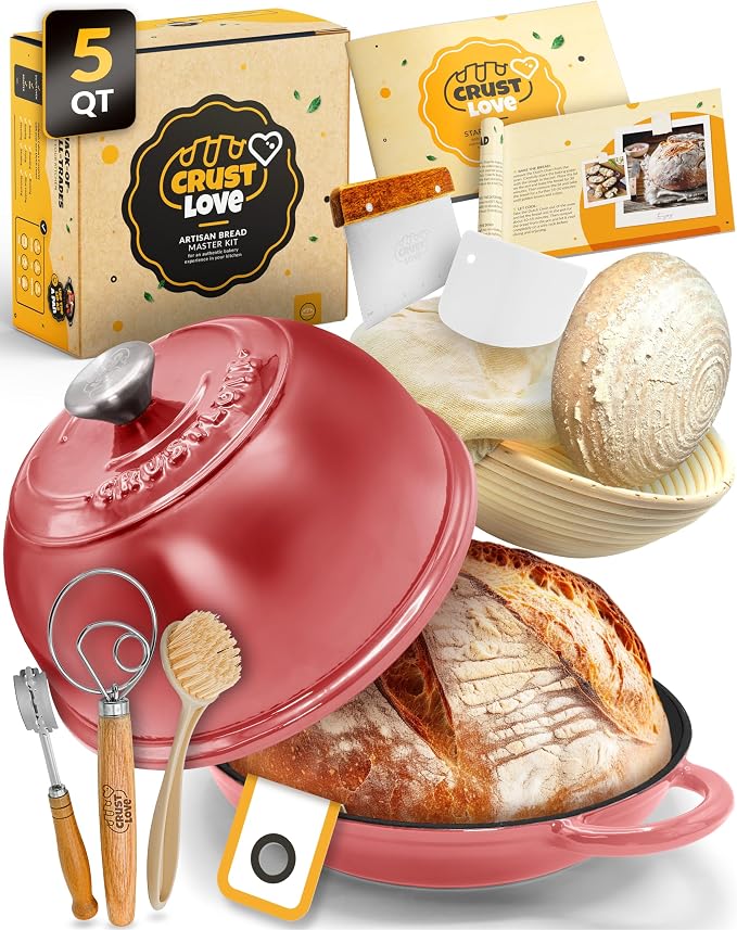 5 QT Bread Oven for Sourdough Baking with Lid & Baking Tool Set | Complete Bread Baking Set with Banneton, Scoring Lame, Dough Whisk, Bread Sling & Clear Instructions for Homemade Sourdough