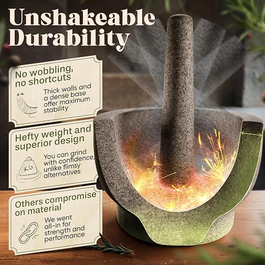 ChefSofi Extra Large 8 Inch 5 Cup-Capacity Mortar and Pestle Set - One Huge Mortar and Two Pestels: 8.5 inch and 6.5 inch - Unpolished Heavy Granite for Enhanced Performance and Organic Appearance