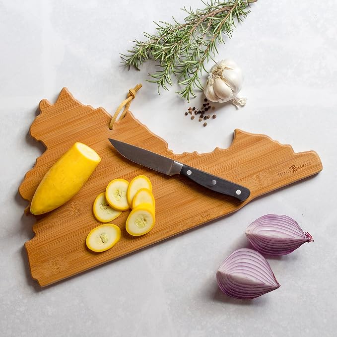 Totally Bamboo Virginia State Shaped Cutting Board, Art by Fish Kiss | State charcuterie board with colorful hand-drawn map artwork. Smooth reverse side for food prep. Hang tie for wall display.