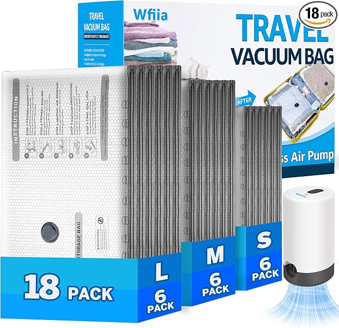 18 Packs Vacuum Bags for Travel with Rechargeable Pump, 3 Sizes Vacuum Seal Bags for Clothing, Compression Vacuum Travel Bags for Luggage, Vacuum Packing Bags for Closet Organization