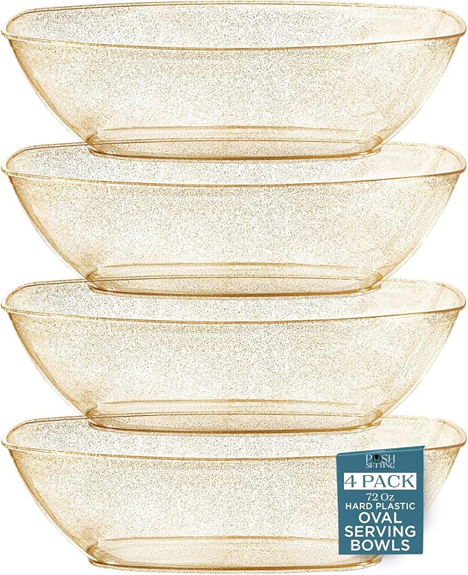 4 Pack Disposable Oval Plastic Party Bowls, Glitter Gold Serving Bowls | Oval Bowl Design. Disposable Party Tableware. Chip, Snack & Candy Bowls. Gold Serving Dishes. Party & Event Use.