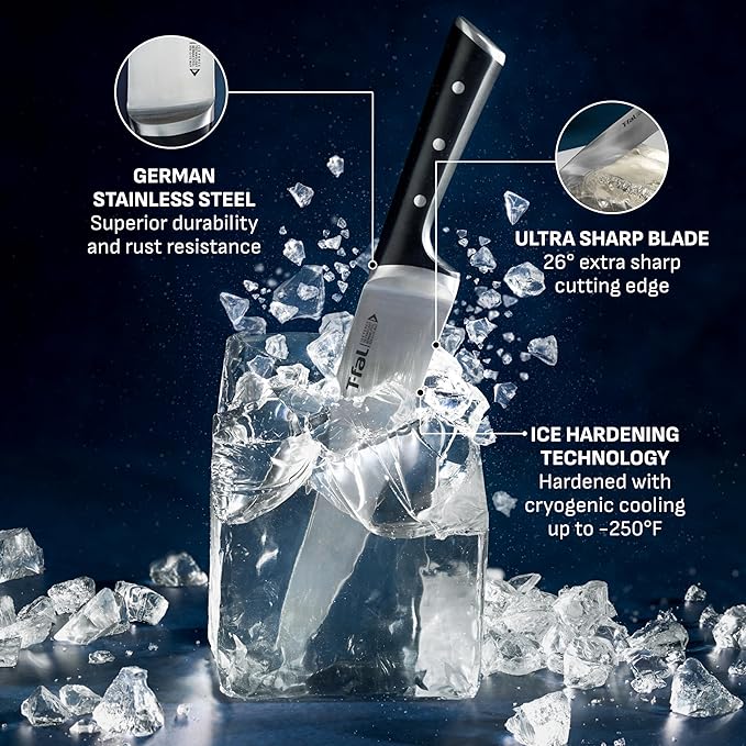 T-fal Ice Force 8-Piece German Stainless Steel Kitchen Knife Block Set | X50CrMoV15 steel, 26-degree cutting edge, Ergonomic handle with finger guard, Includes santoku knife, Hand wash only