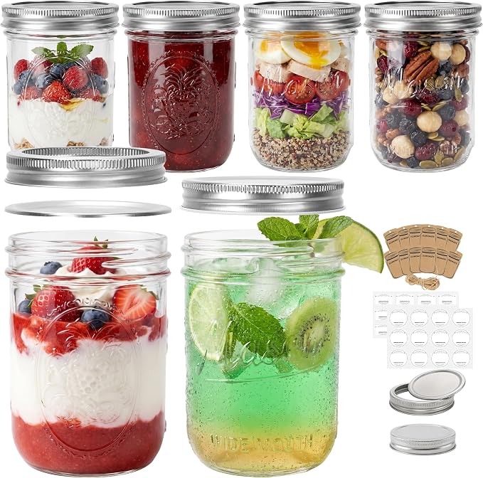 CycleMore 16oz Embossed Glass Mason Jars with Two Types of Lids – Set of 6 | One-Piece & Stainless Steel Split Lids. BPA-Free & Durable Glass. Dishwasher Safe. Non-Slip Grip. Vintage Style.