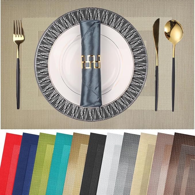 PIGCHCY Placemats Set of 12 Washable Durable Place Mats Vinyl Heat Resistant Non-Slip Table Mats Indoor Outdoor (18 x 12 inches, Beige)