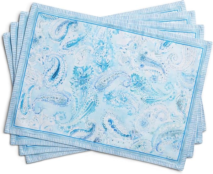 Maison d' Hermine Placemats Set of 4 Reusable 100% Combed Cotton (13"x19") | Cloth Place Mats Washable Table Mats for Kitchen Dining Party Wedding Hotel Home Restaurant Spring Summer - Paisley Blues