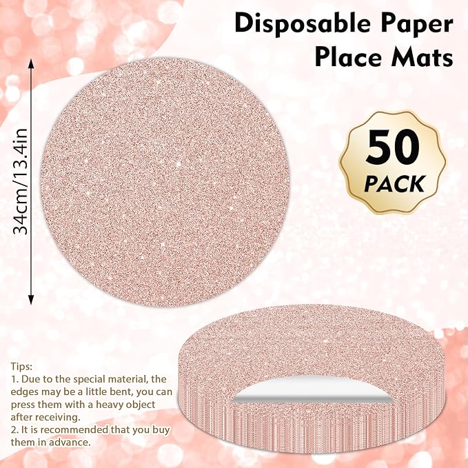 50PCS Rose Gold Paper Placemats Disposable 13.4 Inch Round Glitter Paper Place Mats Rose Golden Decorative Shiny Table Mats for Birthday Wedding Holiday Party Sparkle Table Decor