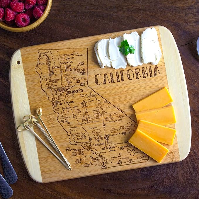 Totally Bamboo A Slice of Life California Engraved Map Cutting Board | 11” x 8.75” charcuterie board with engraved state map artwork. Smooth reverse side for food prep. Hang tie for wall display.