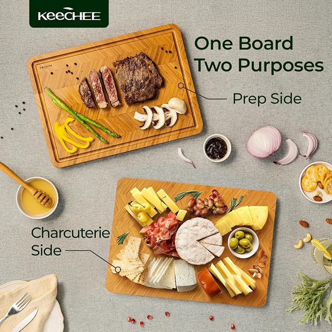 Keechee Atelier Collection Bamboo Cutting Board, Reversible Wood Chopping Boards for Kitchen with Juice Grooves, Handcrafted Large Serving Tray, Luxury Housewarming Wedding Gifts for New Home