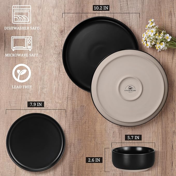 HaWare Dinnerware Sets, 12-Piece Plates and Bowls Set for 4, Matte Black