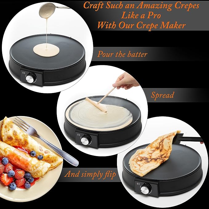Moss & Stone 12” Electric Crepe Maker Machine, Griddle Nonstick Crepe Pan | Adjustable temperature, quick heat-up, even heating, non-slip feet, spreader & spatula included, for pancakes & tortillas