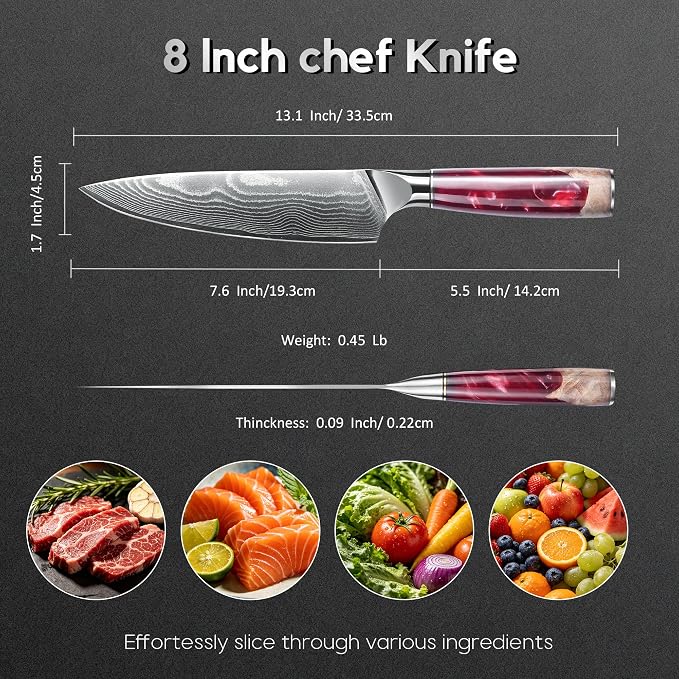 Damascus High Carbon Chefs Knife Ergonomic Handle(8In,Red Resin) | Japanese 67 Layers High Carbon Steel, Professional High-Class Ultra Sharp Cooking Knives Family & Restaurant, Gift Box