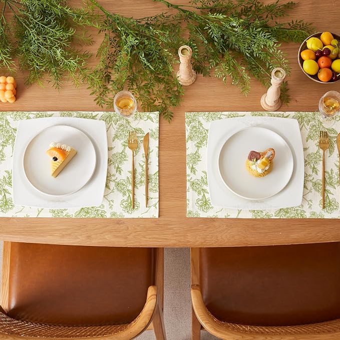 QIYI Boho Table Placemats Set of 4, 12"x18" Linen Place Mats, Green Blooms | Fabric Place Mats for Kitchen Dinning, Farmhouse Rustic Cloth Table Mats, Washable Placemat Party Table Décor