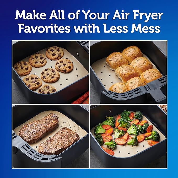 Reynolds Kitchens Air Fryer Liners Disposable, Unbleached Parchment Paper Sheets, 50 Count | Pre-Cut Disposable Parchment Paper Sheets, Fits Round and Square Air Fryers, Safe Up To 400F, Perforated For Better Airflow