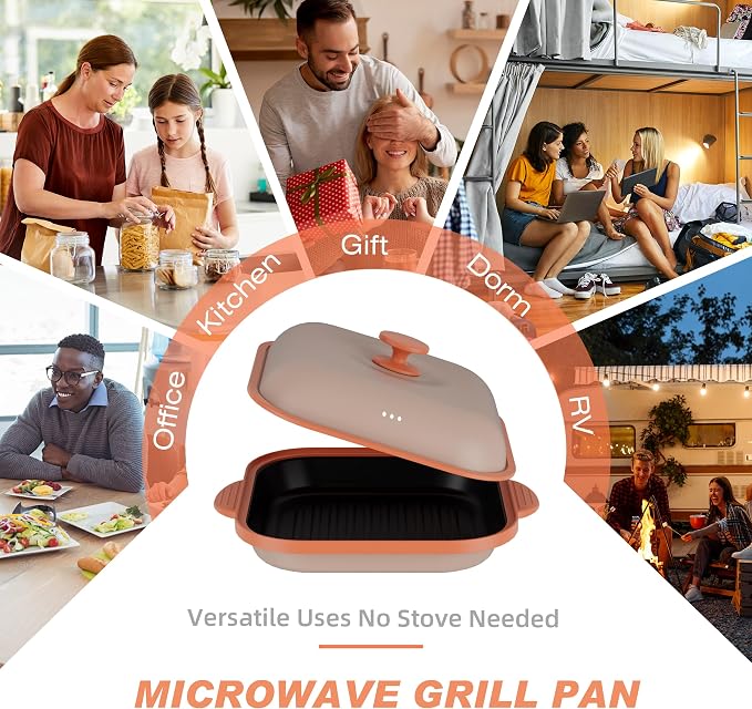 Microwave Grill Pan with Cover | Microwave Bacon Cooker | Griller & Crisper Pan for Grilling, Frying, Browning and Crisping | Microwave Cookware for Grill Meat | Dishwasher Safe for Dorms,Office,RV