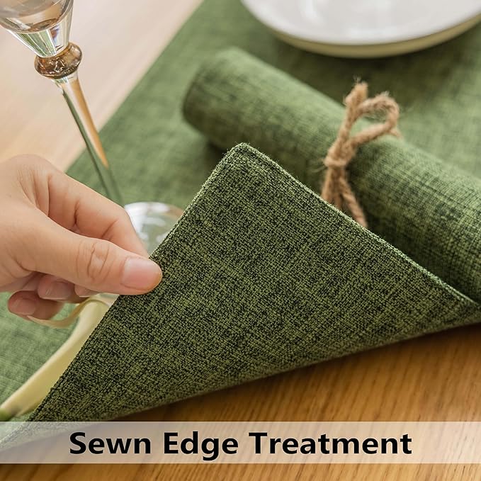 Demetex Dark Green Placemats Set of 8 Decorative Linen Textured Place Mats Heat Resistant Plate Table Mats for Summer Cafe Party Banquet Tables, 13x19 inch, Green
