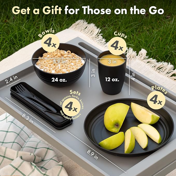 FOODLE Wheat Straw Dinnerware Set - RV, Camping, Picnic Plates Cups & Bowls | BPA-Free & Safety Tested - Microwave & Dishwasher Safe - Lightweight & Unbreakable Dishes - Great for Kids & Adults - For 4