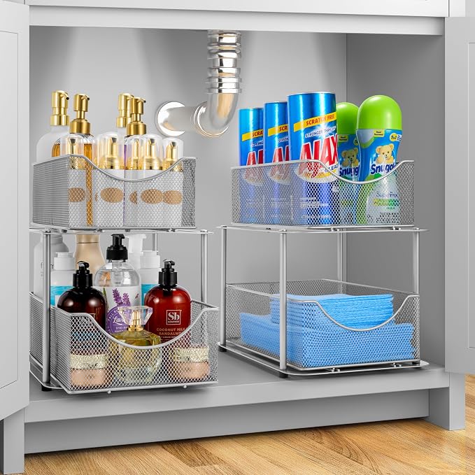 Sorbus 2 Tier Metal Under Sink Organizer for Bathroom, Kitchen, Strong Steel Mesh Sliding Drawers for Under Sink, Under Cabinet, Closet, Kitchen, Pantry, Bathroom Organizers and Storage (Silver)