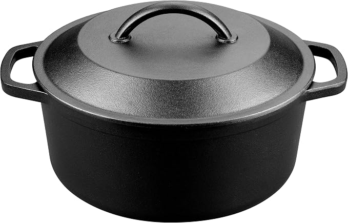 Pre-Seasoned Cast Iron Dutch Oven with Lid, Round and Dual Handles, for Stovetop, Camping, Grill, Induction, Electric, Black, 6qt