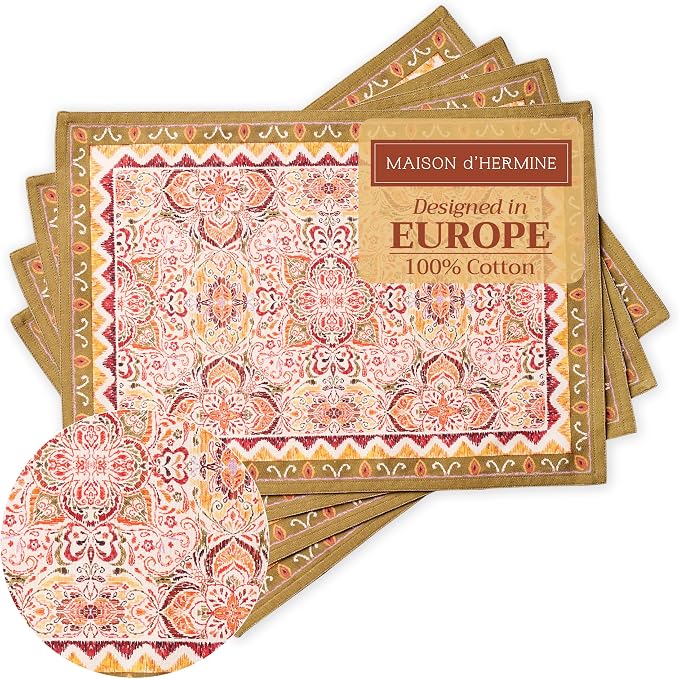 Maison d' Hermine Placemats Set of 4 Reusable 100% Cotton (13"x19") | Cloth Place Mats Washable Table Mats for Kitchen Dining Party Wedding Hotel Home Thanksgiving Christmas - Damask