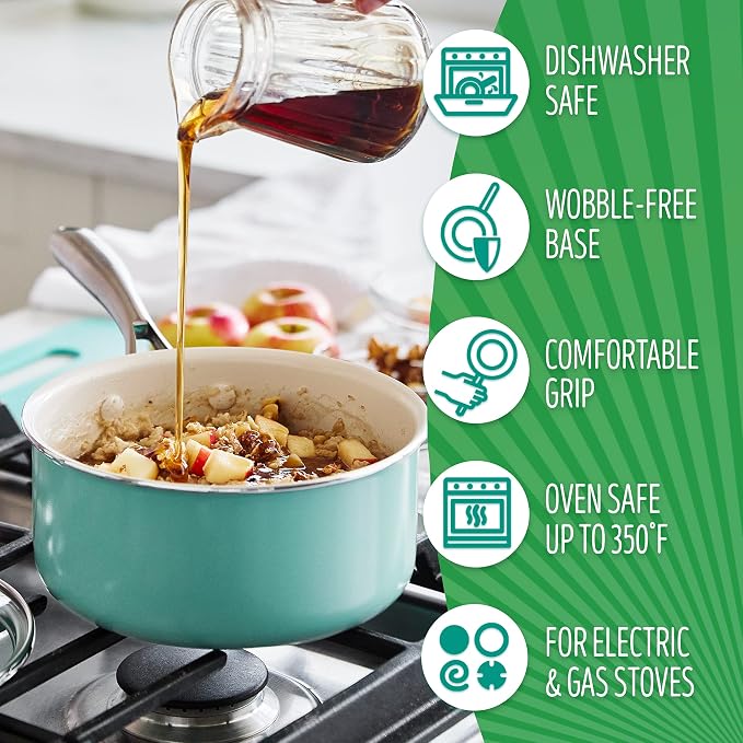 GreenLife Artisan Healthy Ceramic Nonstick, 1QT and 2QT Saucepan Pot Set with Lids, Stainless Steel Handle, PFAS-Free, Dishwasher Safe, Oven Safe, Turquoise