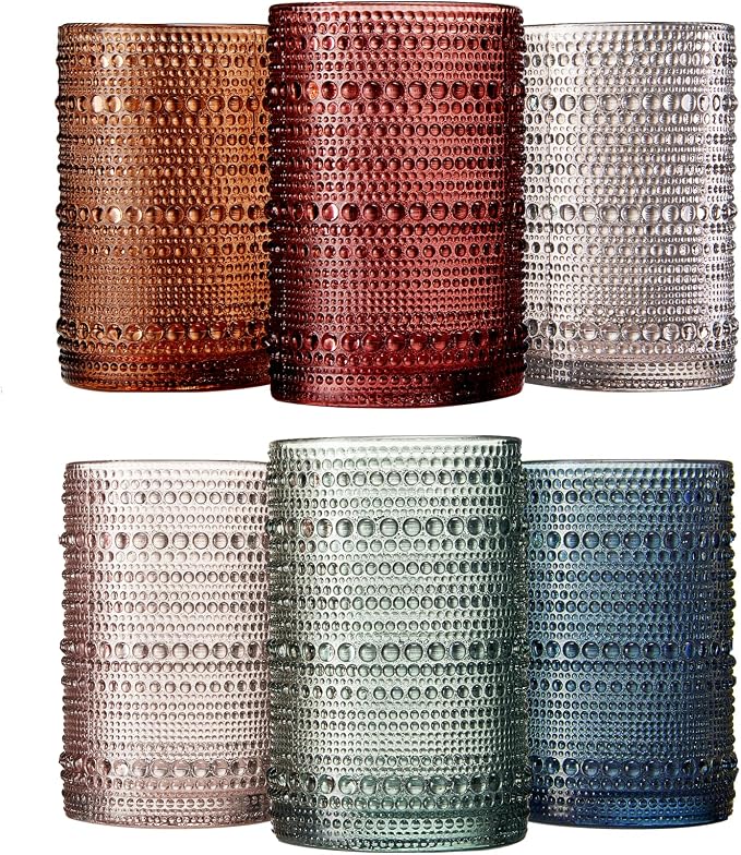 Khen Hobnail Beaded Highball Drinking Tumbler Glasses | Set of 6 | Color, Vintage Bubble Design Whiskey Glassware, Old-Fashioned, Embossed Design for Water, Wine, Cocktail Embossed, Rocks Glass