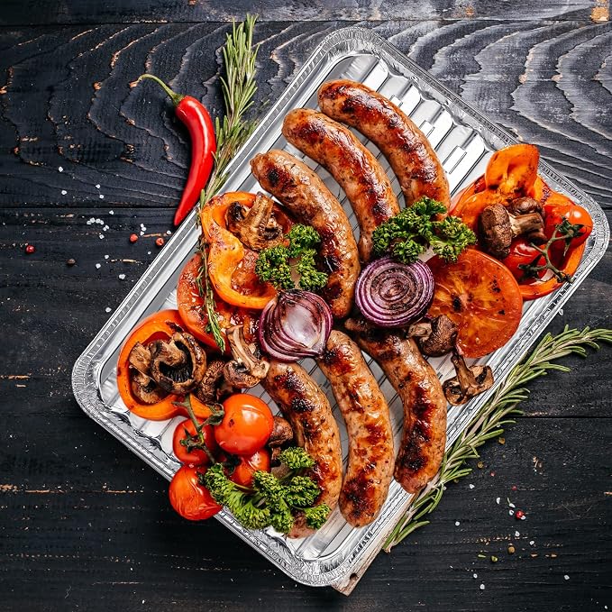 50 Pack Aluminum Grill Pans 9x13 Inch, Broiler Pans for Oven, Disposable Aluminum Grill Liners with Holes with Ribbed Bottom Surface for BBQ Foil Drip Roast Trays