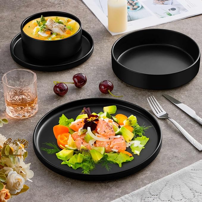 Herogo Dinnerware Sets with Pasta Bowls for 2, 8 Piece Dinner Salad Plates and Cereal Bowls, Stoneware Serving Dishes Dinner Ware for Home Kitchen, Dishwasher & Microwave Safe Dishware, Matte Black